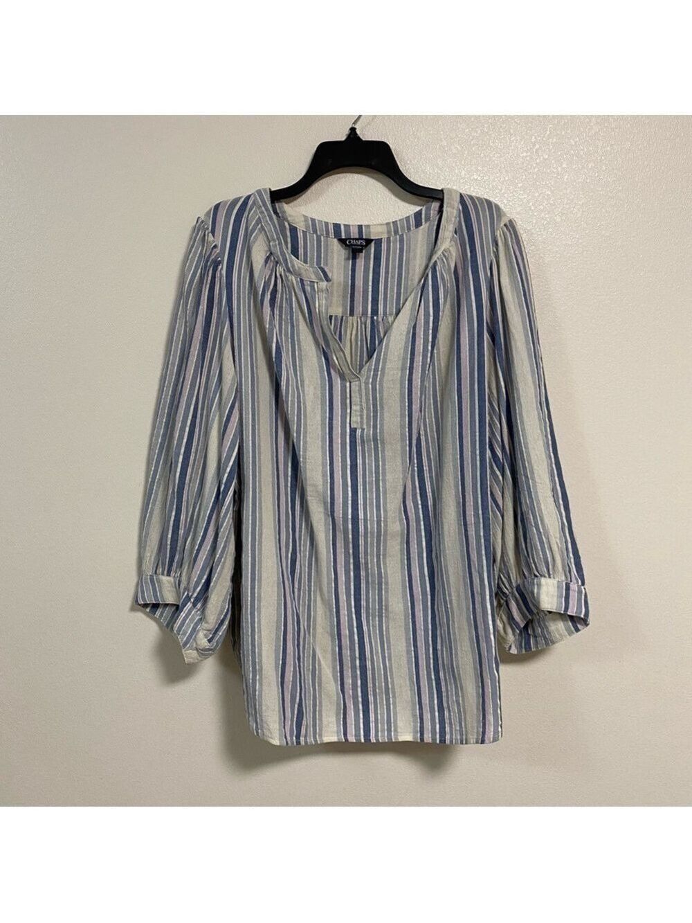 Chaps Shirt Women’s Size 1X Blue White Stripe Peasant Style Cotton Top